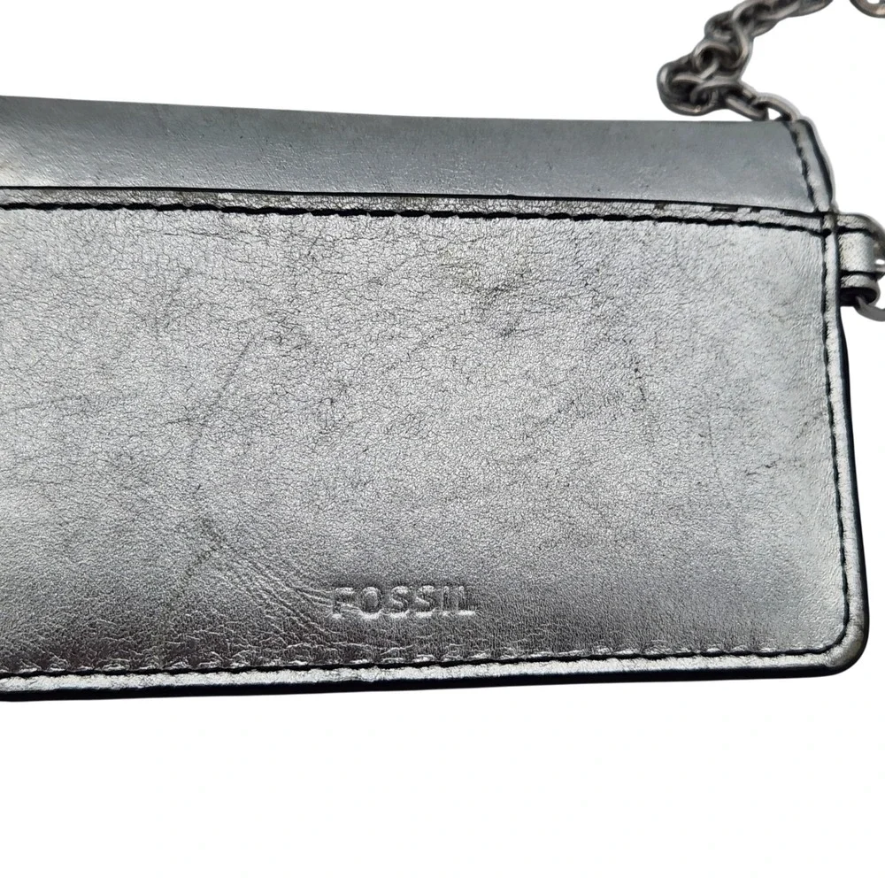 Fossil Valerie Leather‎ Card Case Silver Metallic Keychain Clip